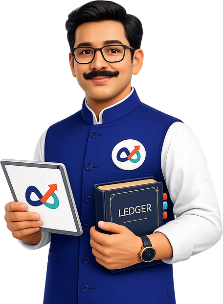 Munshi ji, the MoverMunshi mascot — an Indian accountant holding a tablet and a ledger book